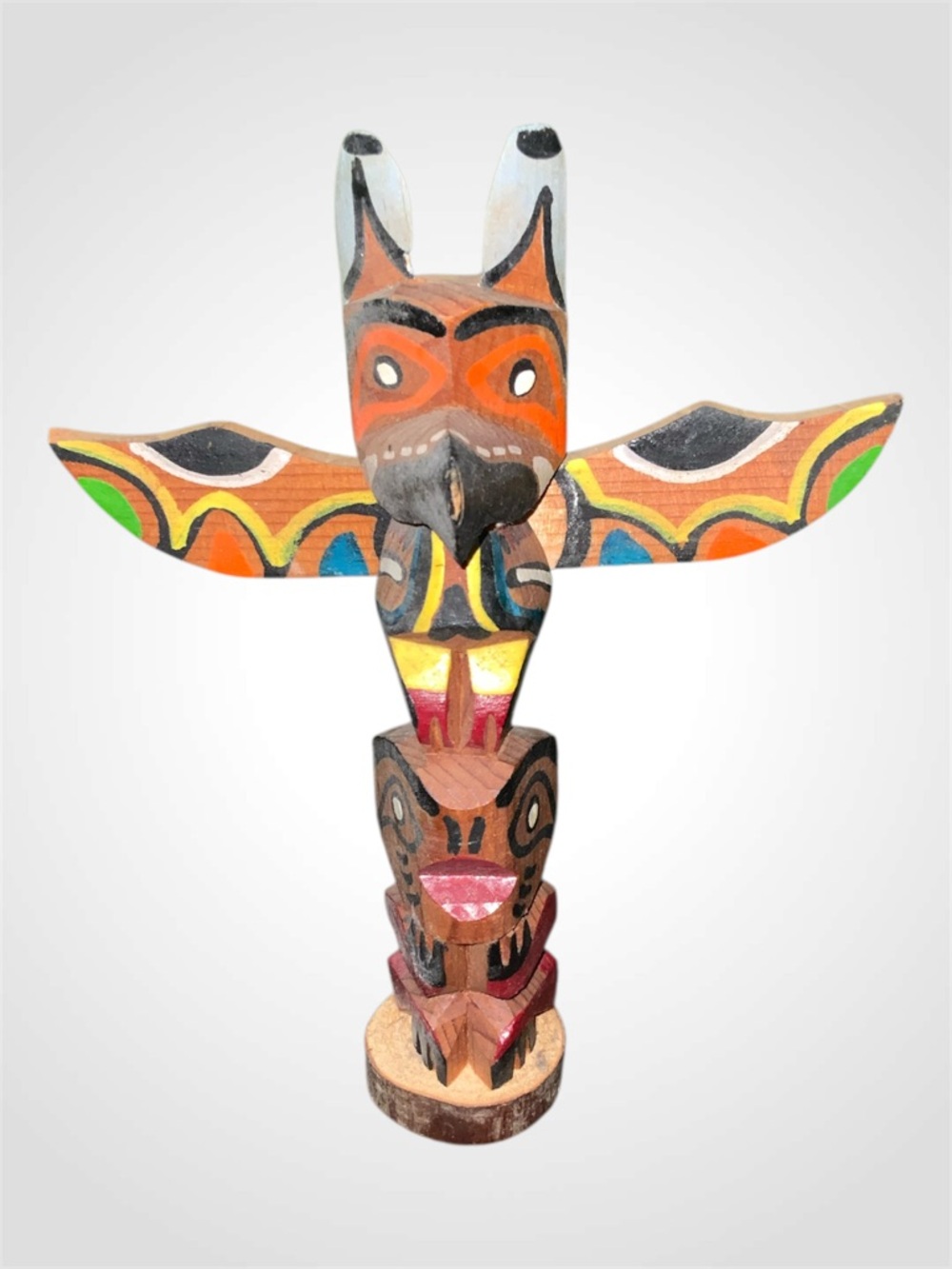 Vintage Native American Hand-Painted Wooden Totem Pole Sculpture - Multi-Color